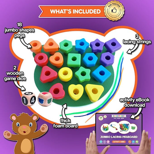 Grab & Stack Jumbo Shapes Pegboard - Sort, Count, Match & Play 18pc + eBook - Image 2