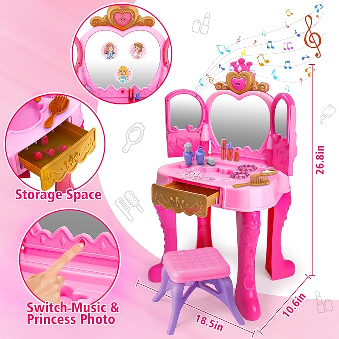Toddler Vanity Magic Makeup Set Table and Chair Girl Toy Automatically Mirror with Music Light Pink Toys for 3 4 5 Year Old Girls Hair Salon Pretend Play Princess Dress Up Playset Gift Toddler 3-5