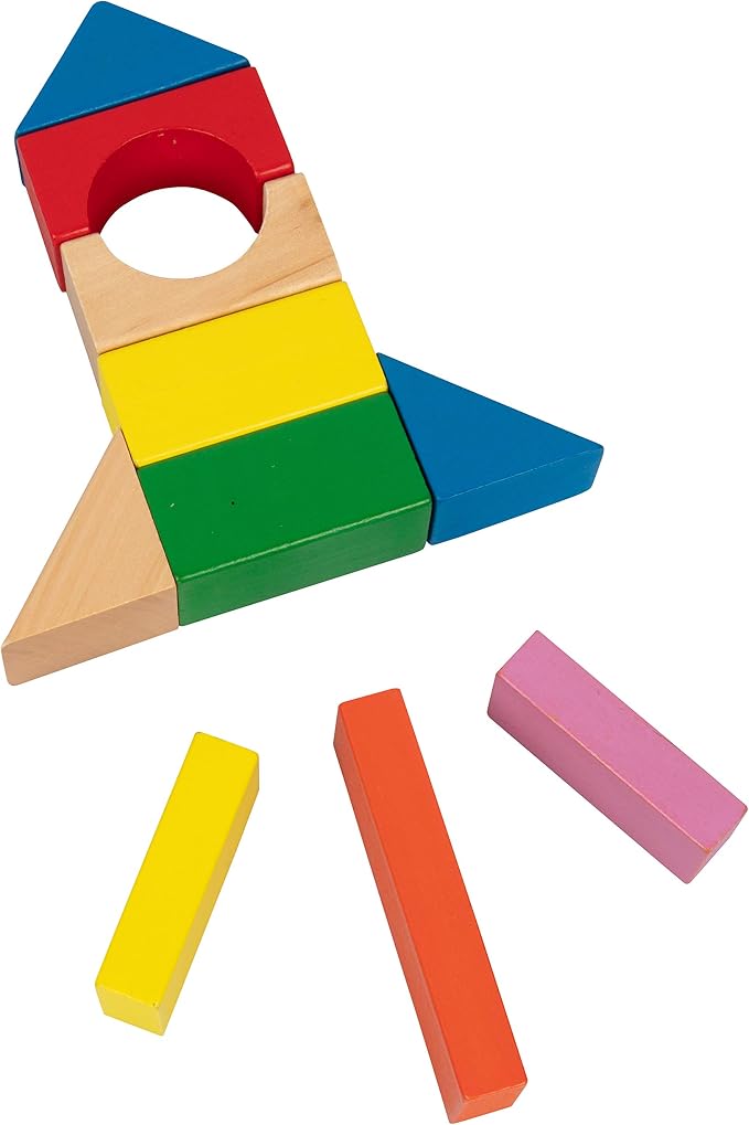 Right Track Toys Wooden Blocks - 100 Pc Wood Building Block Set with Carrying Bag (Rainbow Colored)- 100% Real Wood in 7 Colors and 14 Shapes - Stack, Build and Store- Fun Gift, Back to School Project - Image 6