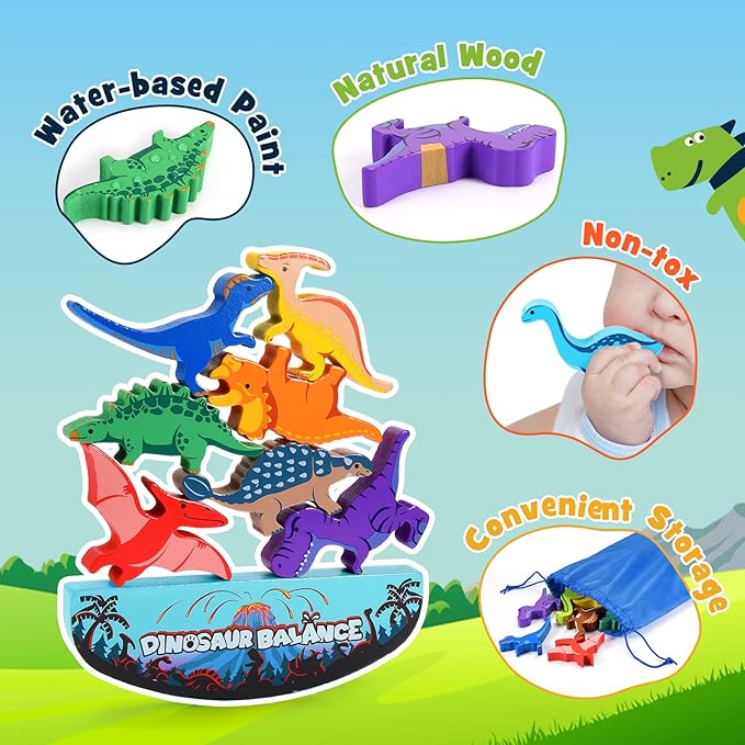 IPOURUP Dinosaur Toys for Kids 3-5: Wooden Stacking Montessori Toys for 3 4 5 6 7 8 Year Old Balance Competition Game for Family Ideal Christmas Birthday Gifts for Kids Ages 3-8 (Double Version) - Image 3