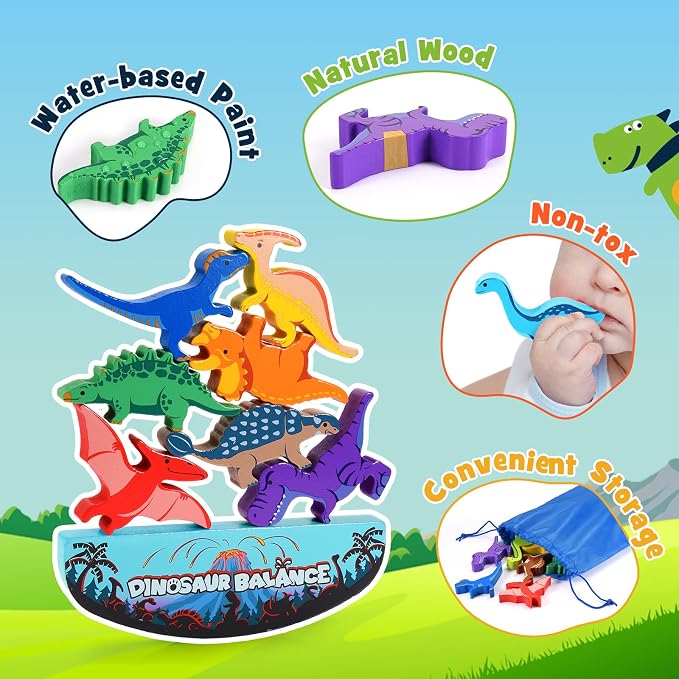 IPOURUP Dinosaur Toys for Kids 3-5: Wooden Stacking Montessori Toys for 3 4 5 6 7 8 Year Old Boys Girls Birthday Gifts for Kid Ages 4-8 Balance Competition Game for Family Stocking Stuffers - Image 5
