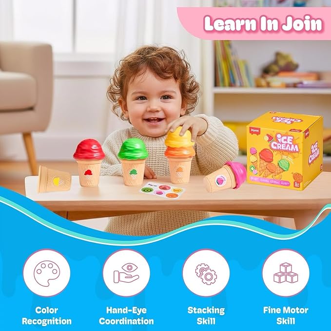 JoyCat Ice Cream Sorting and Stacking Pretend Play Toy Set, 5 Cones - Image 3