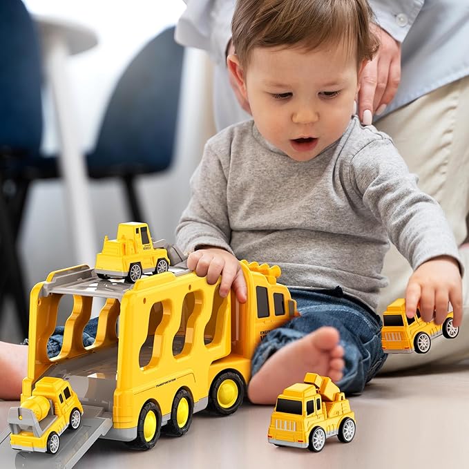 Toddlers Construction Toys for Kids 3-9 Year Old，5 in 1 Friction Power Vehicle Car for 3 4 5 6 7 Years Old Boys Girls，Carrier Truck Transport Toys for Christmas and Birthday Gifts