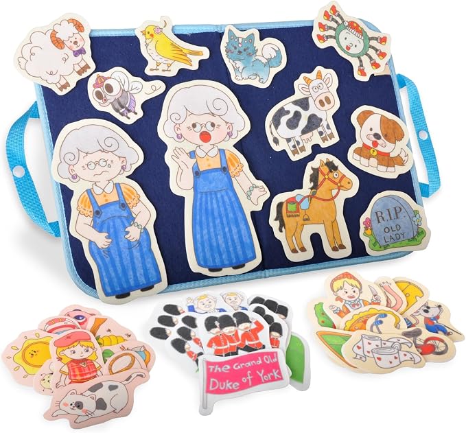 CHEFAN Felt/Flannel Board Story Set of 4, PRECUT Felt Pieces for Preschool Toddlers Circle Time,Old Lady Who Swallowed a Fly,The Grand Old Duke of York,Three Blind Mice by CHEFAN