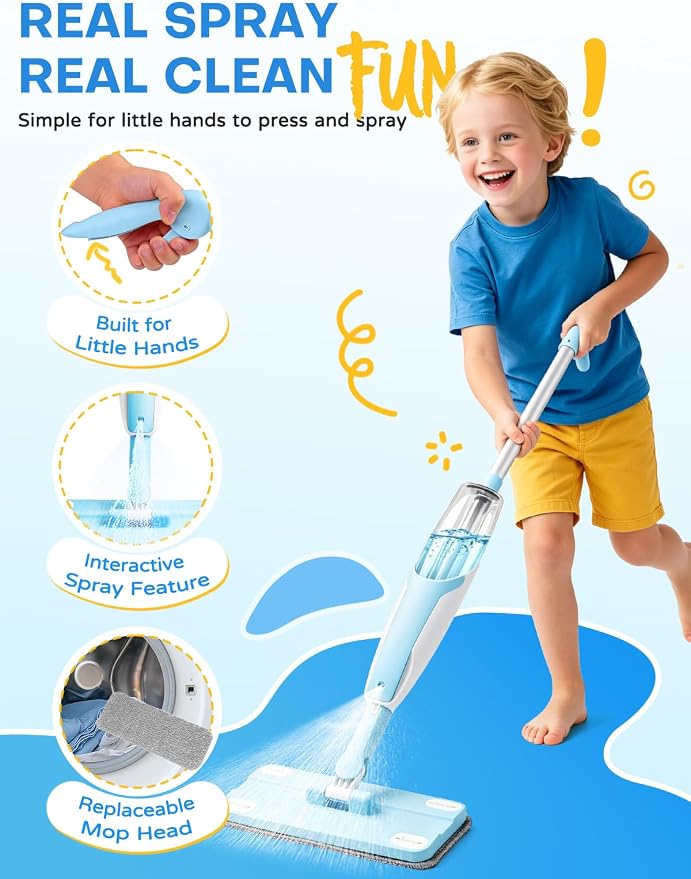 Kids Cleaning Toy Set,Blue Spray Mop Montessori Toys-Kids Cleaning Toy Set,Mini Spray Mop Montessori Toys Spray Mop & Kids Broom Dustpan Set Cleaning Toys Gift for Toddlers Girls Boys Age 3+ - Image 2