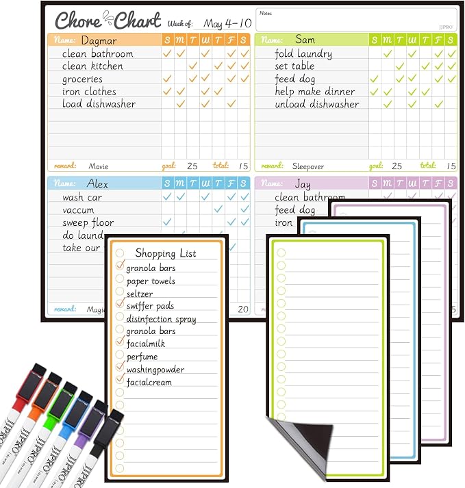 JJPRO Magnetic Dry Erase Chore Chart for Fridge-14.5"x11" Chore Chart for Multiple Kids & Adults, 4 to Do Lists for Refrigerator -Dry Erase Chore Board -Behavior Chart for Multiple Kids by JJPRO