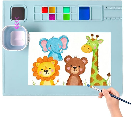 AWOKE Silicone Painting Mat - 20"X16" Silicone Art Mat with 1 Water Cup for Kids - Craft Mat has12 Color Dividers - 2 Paint Dividers (Blue),Toddler Activities,3 4 5 Year Old Girl Boy Birthday Gifts
