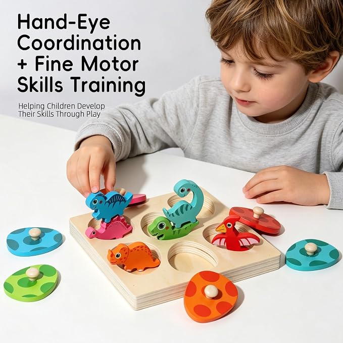 Wooden Dinosaur Egg Peg Puzzle, Montessori Color Matching Learning Toy, Fine Motor Skills Developmental Game, Early Educational Sensory Gifts for 12-18 Months, 1 2 Year Old Toddler Boys Girls - Image 2