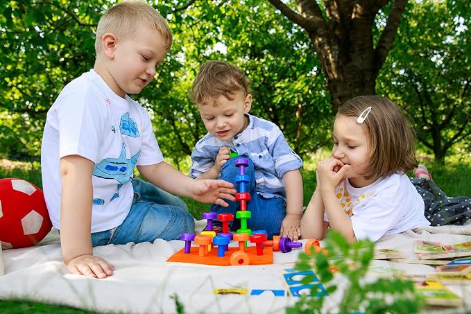 Toddler Peg Board Sensory Montessori Fine Motor Skills Educational Toys - 30 Stackable Pegs + Pattern Card + Drawstring Backpack + E-Book (Orange) - Image 8