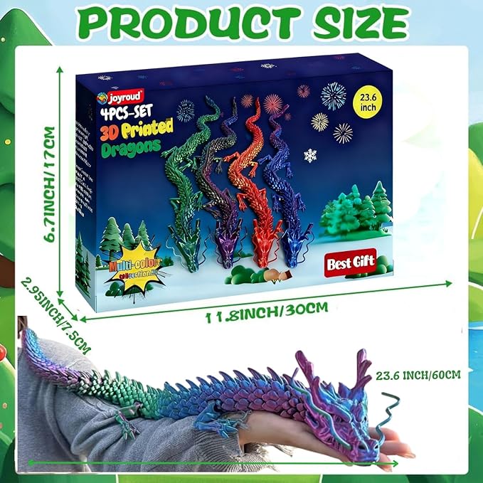 4-Pack 24 Inch 3D Printed Dragon Toy, Articulated Chinese Dragon Action Figure with Gift Box - Christmas Gift, Imaginative Play, Office Desk Decor & Collectible Figurine for Kids & Adults