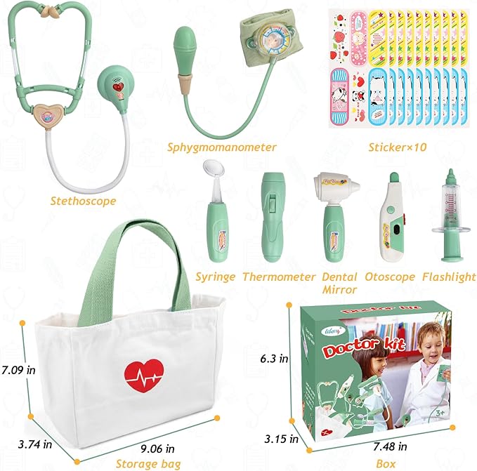 Liberry Doctor Kit for Toddlers 3-5 Years Old, 18-Piece Doctor Bag Pretend Play Toys, Durable Medical Kit with Toy Stethoscope, Green Birthday Gift for Kids