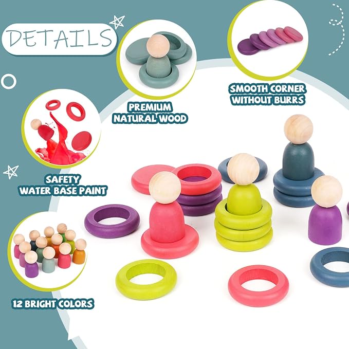 Montessori Toys Wooden Color Sorting Stacking Rings Toy Rainbow Wooden Peg Dolls Counting Toys Circular Building Blocks Stacking Game Preschool Learning Education Fine Motor Skill Toys for Toddlers - Image 3