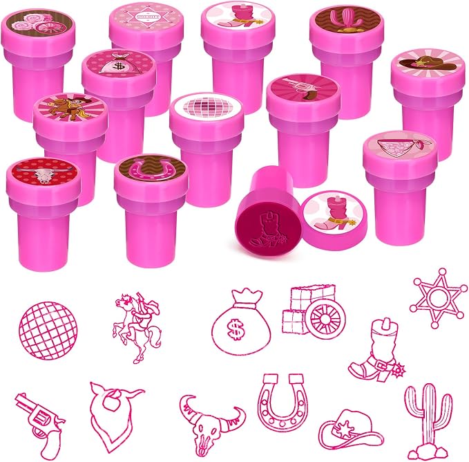 Cinrobiye 24 Pcs Pink Western Cowgirl Stampers Party Favor Set, Cute Cowboy Cowgirl Stamps for Kids Birthday Party, Classroom Rewards, Carnival Prizes, Goody Bag Fillers, Western Rodeo Party Supplies by Cinrobiye