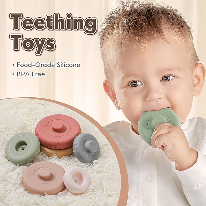 BOBXIN Baby Stacking & Nesting Rings Toy, 6pcs Soft Silicone Circle Building Stacker,Squeeze Play with Letter,Animal and Graphic,Toddler Sensory Learning Montessori Toys for Babies 6 Months+