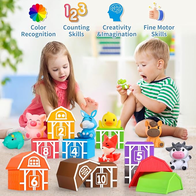 Oriate Farm Animal Learning Toys for Toddlers 1,2,3 Year Old, 20Pcs Farm Animals Montessori Toy for Counting Sorting Color Recognition & Matching, Finger Puppets & Stacking Toys 12M+ - Image 5