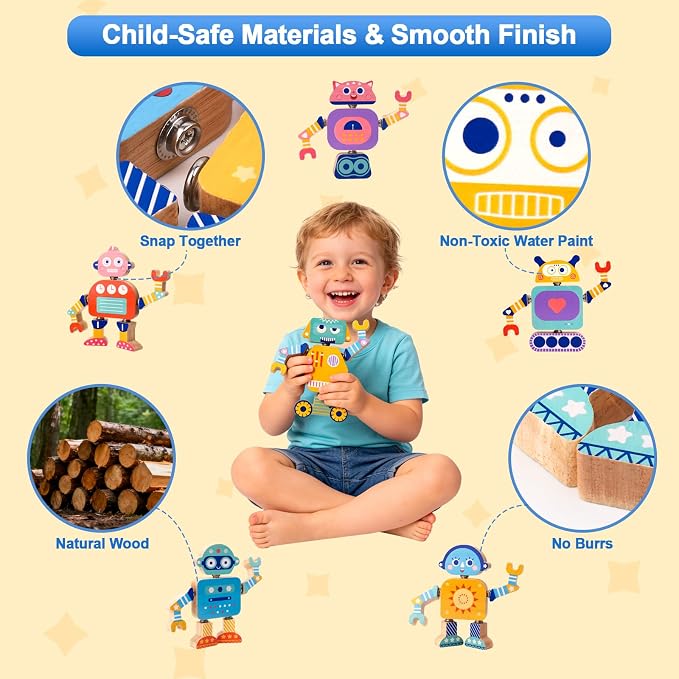 33-Piece Wooden Snap-Together Take-Apart Robot Building Blocks for Kids 3-6 - Image 4