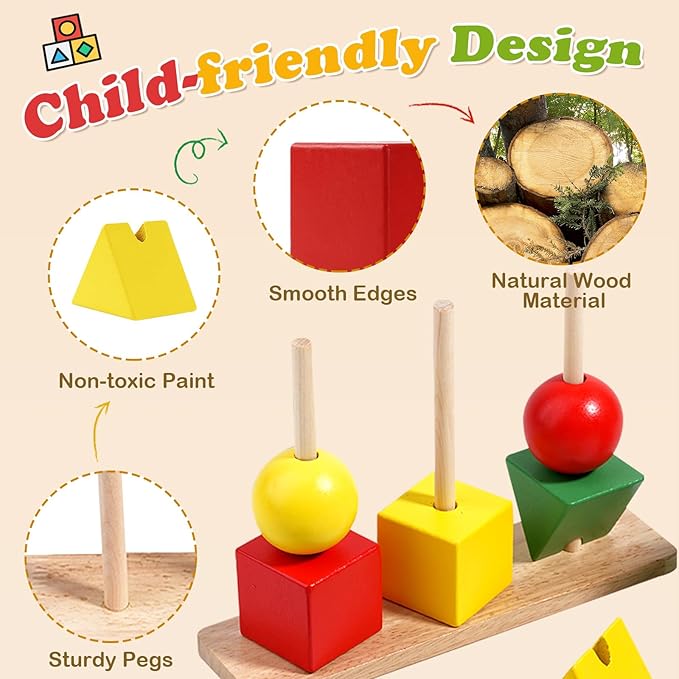 Wooden Sorting & Stacking Toys, Color Recognition Sensory Toys Shape Matching Game, Stacking Puzzle Building Blocks Learning Activities Fine Motor Skills Toy for 2 3 4 5 Years Old Kids