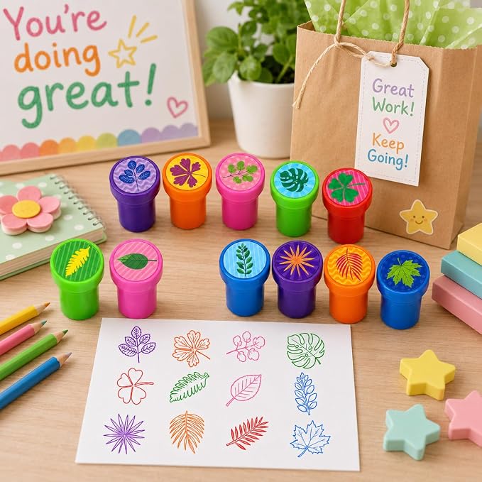 Cinrobiye 24 Pcs Nature Leaf Stampers for Kids, Pre-Inked Leaf Party Favor Set, Forest Theme Birthday Party Supplies, Classroom Rewards, Goody Bag Fillers, Piñata Fillers, Treasure Box Toys - Image 6