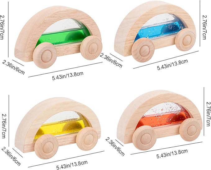 Dinhon Wooden Acrylic Water Glitter Car Toys for Toddlers 2-4, 4 Pack Colorful Sensory Water-Filled Cars, Montessori Toy Set for Boys Girls, Acrylic Rainbow Building Block Matching Products - Image 2