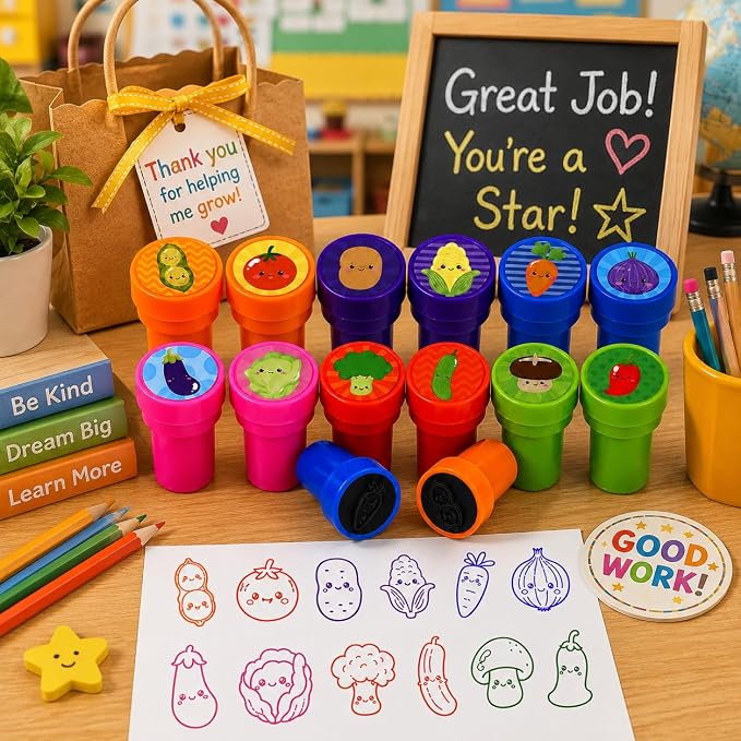 Cinrobiye 24 Pcs Vegetable Stampers Party Favor Set, Cute Veggie Stamps for Kids Birthday Party, Classroom Rewards, Educational Learning Toys, Goody Bag Fillers, Healthy Food Party Supplies - Image 6