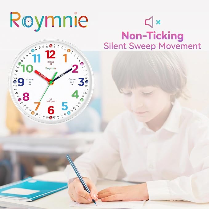 Roymnie 14" Wall Clock for Kids Learning Silent Battery Operated Teaching - Image 8