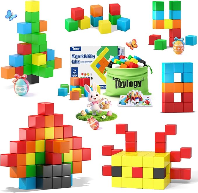 48PCS Large Magnetic Blocks, Magnet Building Cubes for Toddler 3+ Boy Girls by Toylogy