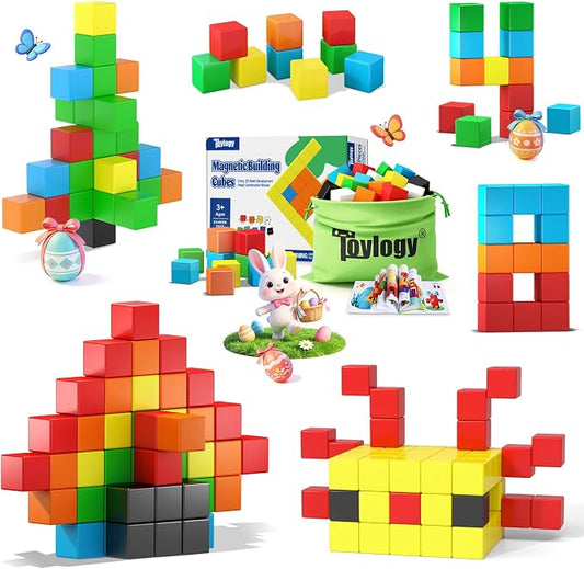 48PCS Large Magnetic Blocks, Magnet Building Cubes for Toddler 3+ Boy Girls by Toylogy