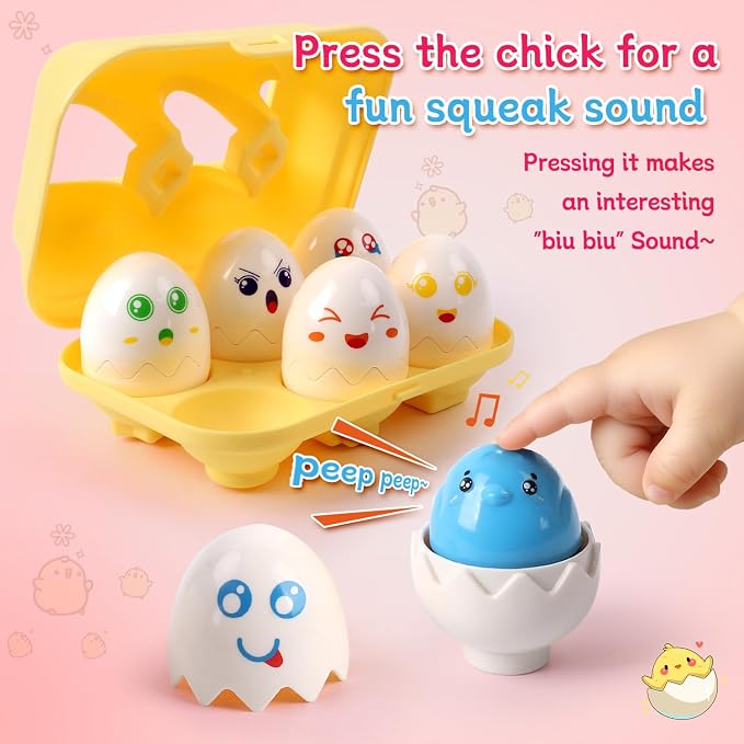USATDD Easter Egg Toys Hide & Squeak Matching Eggs for Toddlers, Color Recognition Sensory Learning Toys, Fine Motor Skills Montessori Geometric Eggs Gifts for Kids Easter Basket Stuffers - Image 4