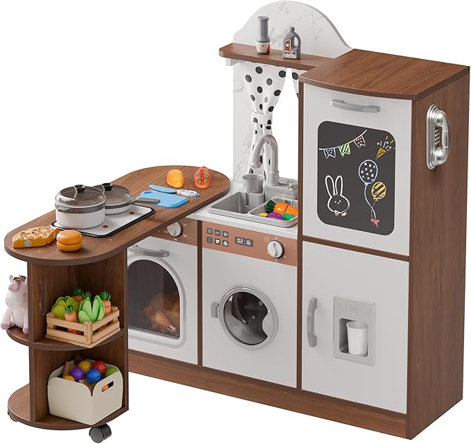 Wooden Play Kitchen with 180 Degree Rotation, Interactive Kids Corner Toy Kitchen Playset with Lights & Sounds, Toddler Kitchen Play Set with Realistic Accessories for Girls Boys Ages 3+, Brown