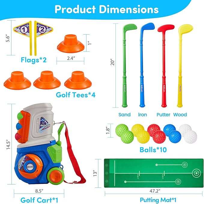 PJG Toddler Golf Set with Mat, Plastic Kids Golf Clubs 3-5 with 4 Golf Clubs and 10 Balls, Indoor and Outdoor Golf Toys with Cart for Toddlers Boys and Girls Aged 1 2 3 4 5 Years Old Birthday (Blue)