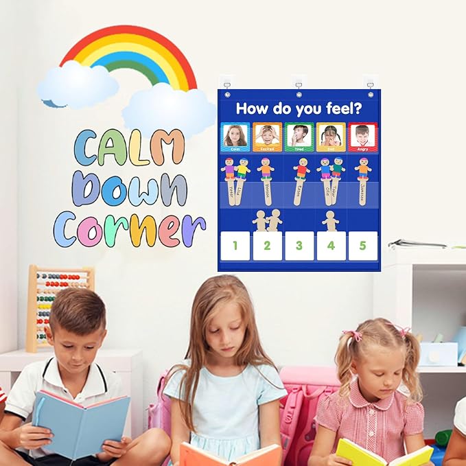 ALSLEA Feelings Pocket Chart for Classroom, Emotions Chart with 36 Cards, Social Emotional Learning & Regulation for Kids, Autism Learning Materials, Homeschool Calm Down Corner Supplies (Blue) - Image 2