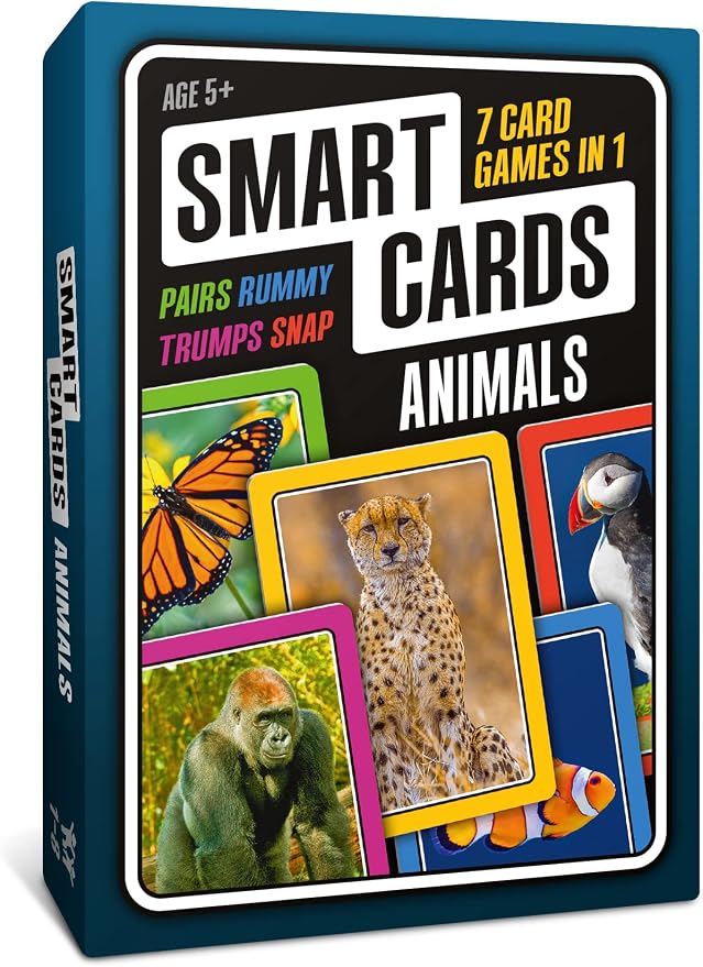 SMART Cards Animals, Gift, Stocking Stuffer, Travel Card Game, 100 Cards of Animals, 7 Games in 1, Pairs, Snap, Trumps, Rummy, Quiz, Facinating Facts, Age 5+, 1-8 Players by PoptacularGames