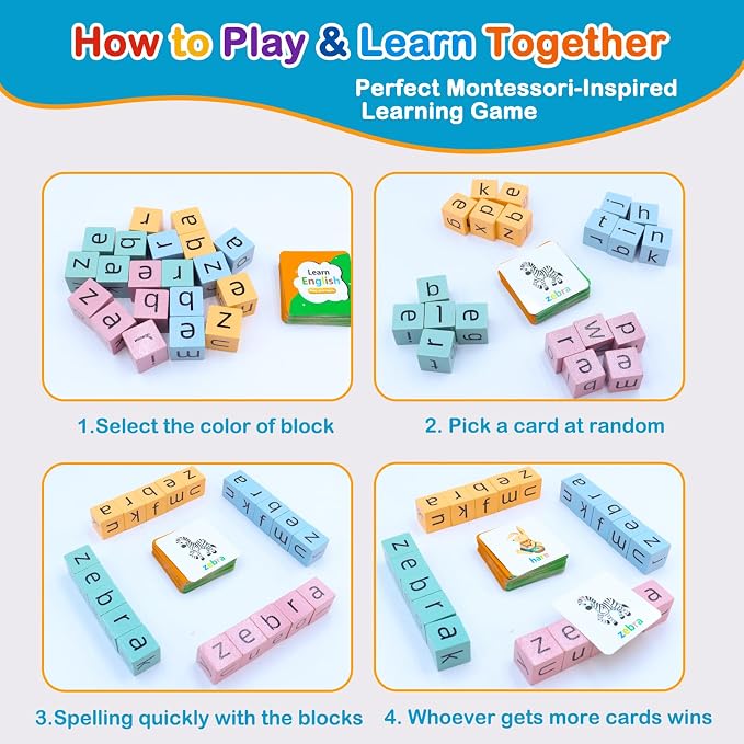 Spelling Games for Kids Ages 3-8, Phonics Matching Game with 54 Flash Cards & 20 Letter Blocks, CVC & Sight Word Building Reading Game, Classroom Must Haves for Preschool & Kindergarten - Image 6
