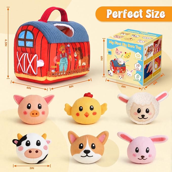 Baby Toys 6-12 Months - Soft Barn with Stuffed Farm Animals Toy, Montessori Toys for 6 Months Infant Boys Girls Sensory Gifts with Rattle, Crinkle Paper, Mirror Christmas Stocking Stuffers
