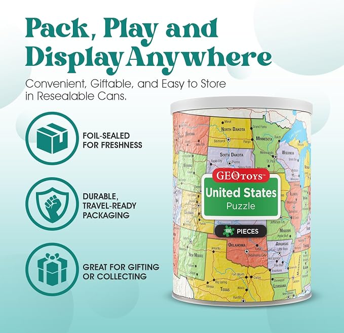 Geotoys United States Mini Puzzle - 100 Piece Puzzles for Kids and Adults in Portable Can, 13" x 10" Educational Travel Puzzle for Ages 7 and Up - Mini Puzzles to Learn & Explore Geography - Image 3