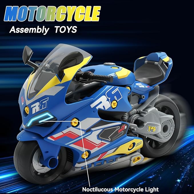 Take Apart Motorcycle Toys Kit, Motorcycle Model Toys for Kids Mechanic,Motorcycles Toy with Light, Sound & Spray for Toddlers 3+ Kids,Interactive Toy Engine Building Kit, Blue