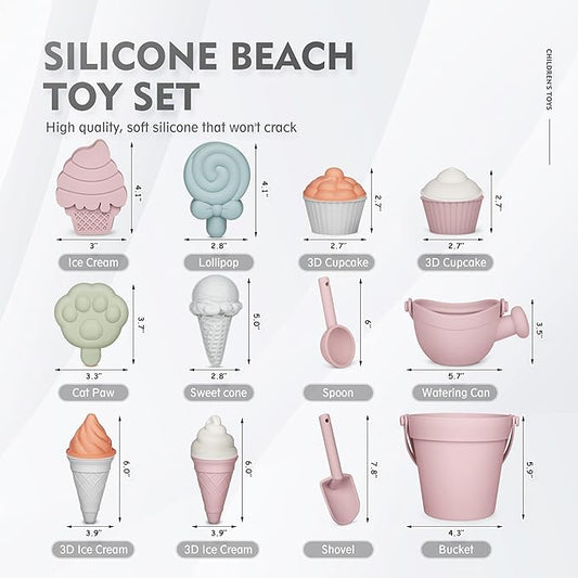 MarcZero 17Pcs Silicone Beach Toys,Modern Baby Beach Toys,Travel Friendly Beach Set,Silicone Bucket, Watering Can, Shovel, 12 Sand Molds, Beach Bag,Silicone Sand Toys for Toddlers, Kids (Pink)