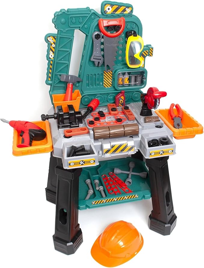 Amazon Basics Kids Workbench Construction Toy Tool Set Playset with 80 Pieces Including Tools, Accessories, Play Helmet & Play Safety Goggles, for Kids Ages 3 and Up, Multicolor, Medium