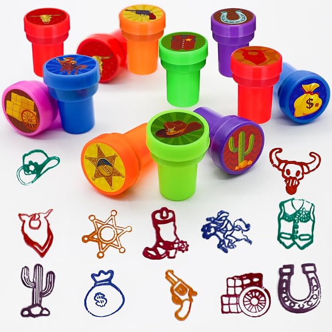 Cinrobiye 24 Pcs Western Cowboy Stampers Party Favor Set, Cute Cowboy Rodeo Stamps for Kids Birthday Party, Classroom Rewards, Carnival Prizes, Goody Bag Fillers, Western Themed Party Supplies - Image 4