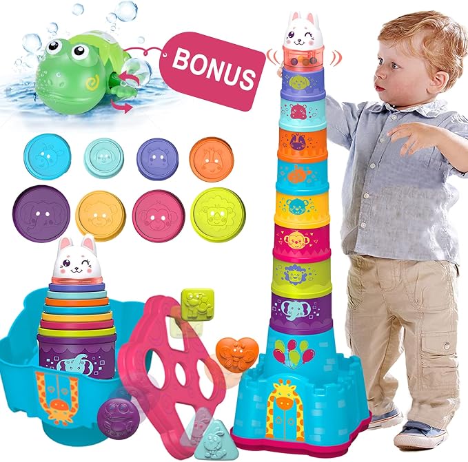LTKFFFdp Baby Stacking Toys for Toddlers 1-3, Nesting Cups Shape Sorter for Infant 6 to 12-18 Month, Stackable Learning Toy with Blocks, Rattle & Frog Bath Toy, for Girl Boy Birthday by wowohage