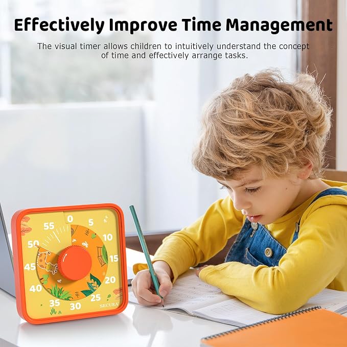 Secura 7.5-Inch Animal Pattern Visual Timer for Kids, 60-Minute Countdown Timer for Classroom or Kitchen, Durable Mechanical Timer Clock with Magnetic Backing (Orange) - Image 4