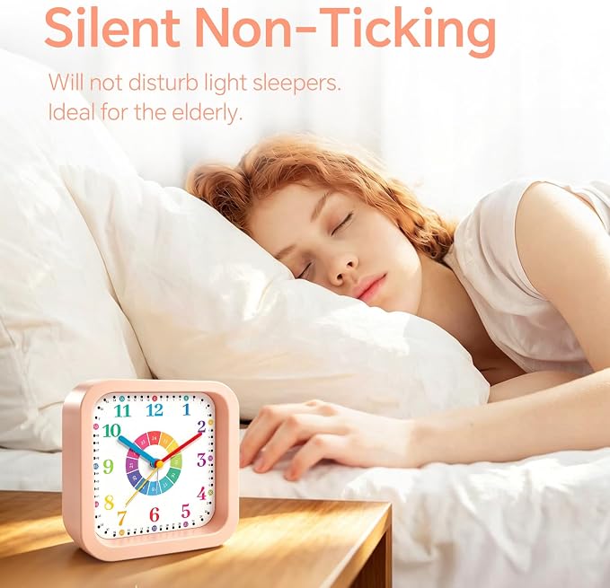 Modern Silent Learning Alarm Clock for Kids, 4.5" Loud Battery Operated Alarm Clock for Heavy Sleepers with Unique Dial & Numbers, Plastic Desk Clock for Kids Bedroom Classroom Dorms, Pink - Image 2