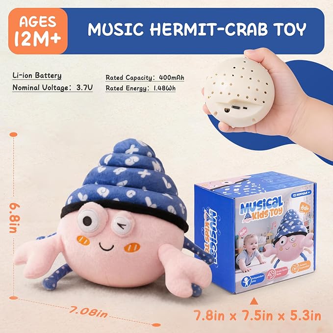 Music Crawling Hermit Crab Baby Toy 6-12 Months,Montessori Toys for 1 Year Old+,Infant Stuffed Animal Toy with Tummy Time Toy & Floor Play,Dancing & Talking Soft Plush Toy for Boys and Girls