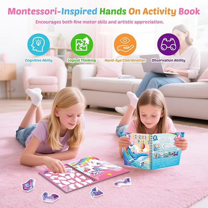 4Pcs Puzzle Sticker Book for Toddlers 3-8, Early Learning Paint by Sticker with Story - Travel Activity Puzzle Toy for Kids Screen Free Educational, Separation Anxiety - Airplane Car Road Trip Gifts