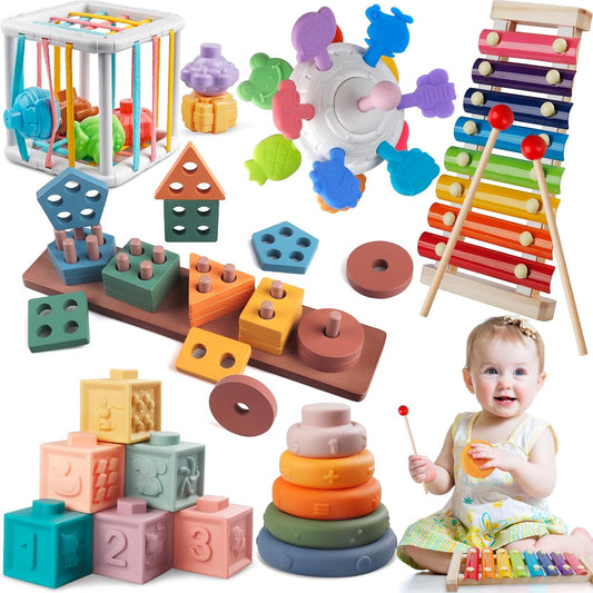 6 in 1 Montessori Baby Toys for 1 Year Old, Toddlers Sensory Teething Toys for Babies, Wooden Stacking Building Blocks Shape Sorter, Xylophone Musical Toy, Educational Birthday Gift for Kids 1 2 3