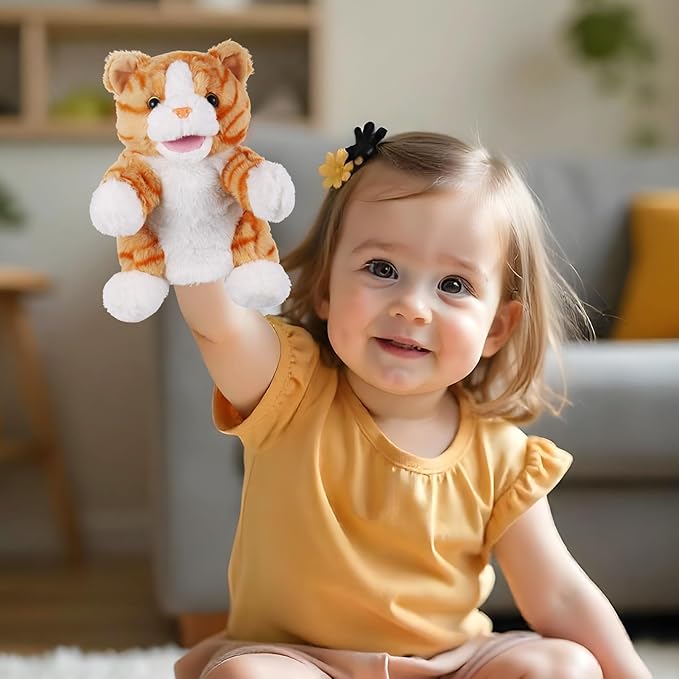 Animal Hand Puppets 11 Inch Sea Turtle Plush Dinosaur Animals Hand Puppet Toys Role-Play Toy Puppets for Kids Storytelling Imaginative Pretend Play Teaching Preschool(Cat)