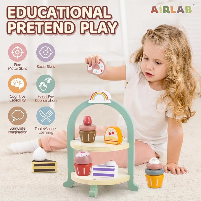Wooden Cake Toys Tea Party Set Desserts Food Toy with Cupcake Stand - Image 3
