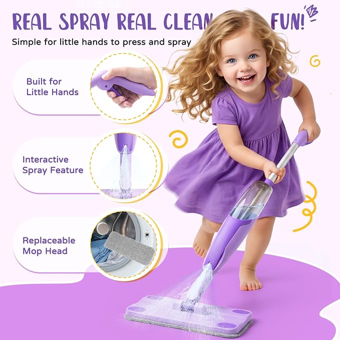 Kids Cleaning Toy Set,Purple Mini Spray Mop Montessori Toys Pretend Play Cleaning Tool for Toddlers with Spray Mop & Kids Broom Dustpan Set Cleaning Toys Gift for Toddlers Girls Boys Age 3+ - Image 2