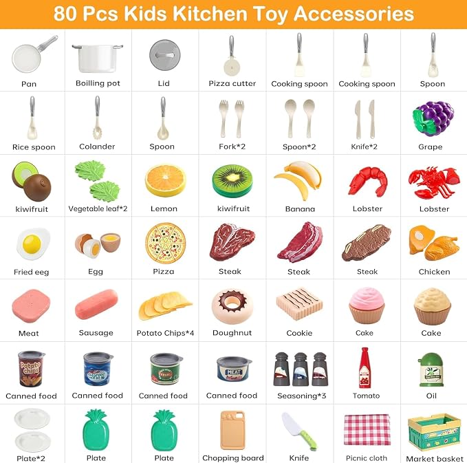 80Pcs Kitchen Playset, Toddler Pretend Cooking with Pots, Pans, Cookware, Food, Picnic Blanket, Fruits, Veges, Shopping Storage Basket, Dessert , Learning Gift for Girls Boys (White) - Image 4