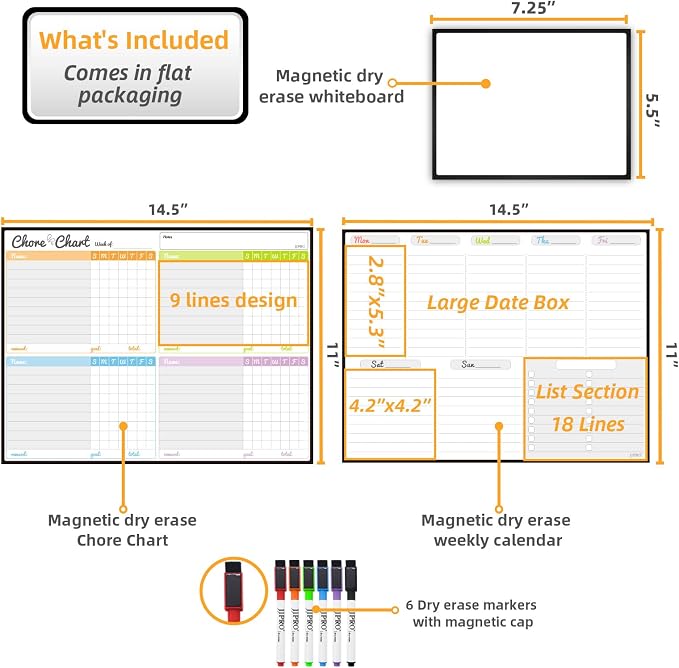 JJPRO Magnetic Dry Erase Chore Chart and Weekly Calendar Set for Fridge-Chore Chart for Multiple Kids,Weekly Planner Board,Family Chore Board for Multiple Kids&Adults,Bonus to-do Whiteboard - Image 2
